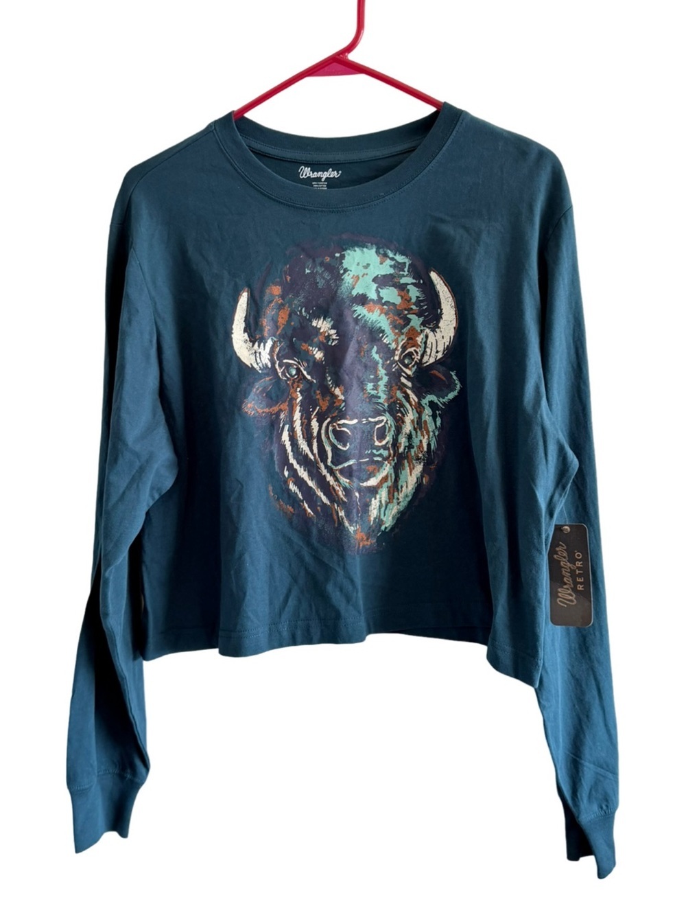 WRANGLER Retro Long Sleeve Relaxed Crop Buffalo Shirt Dark Teal Size Medium - Picture 2 of 8